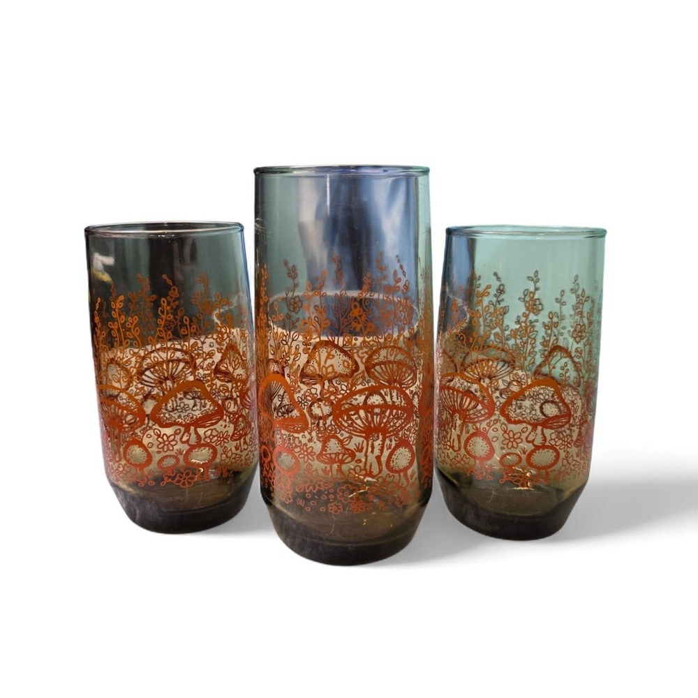 Set Of 3 Vintage Anchor Hocking  Glasses Mushroom Pattern Smoke Glass